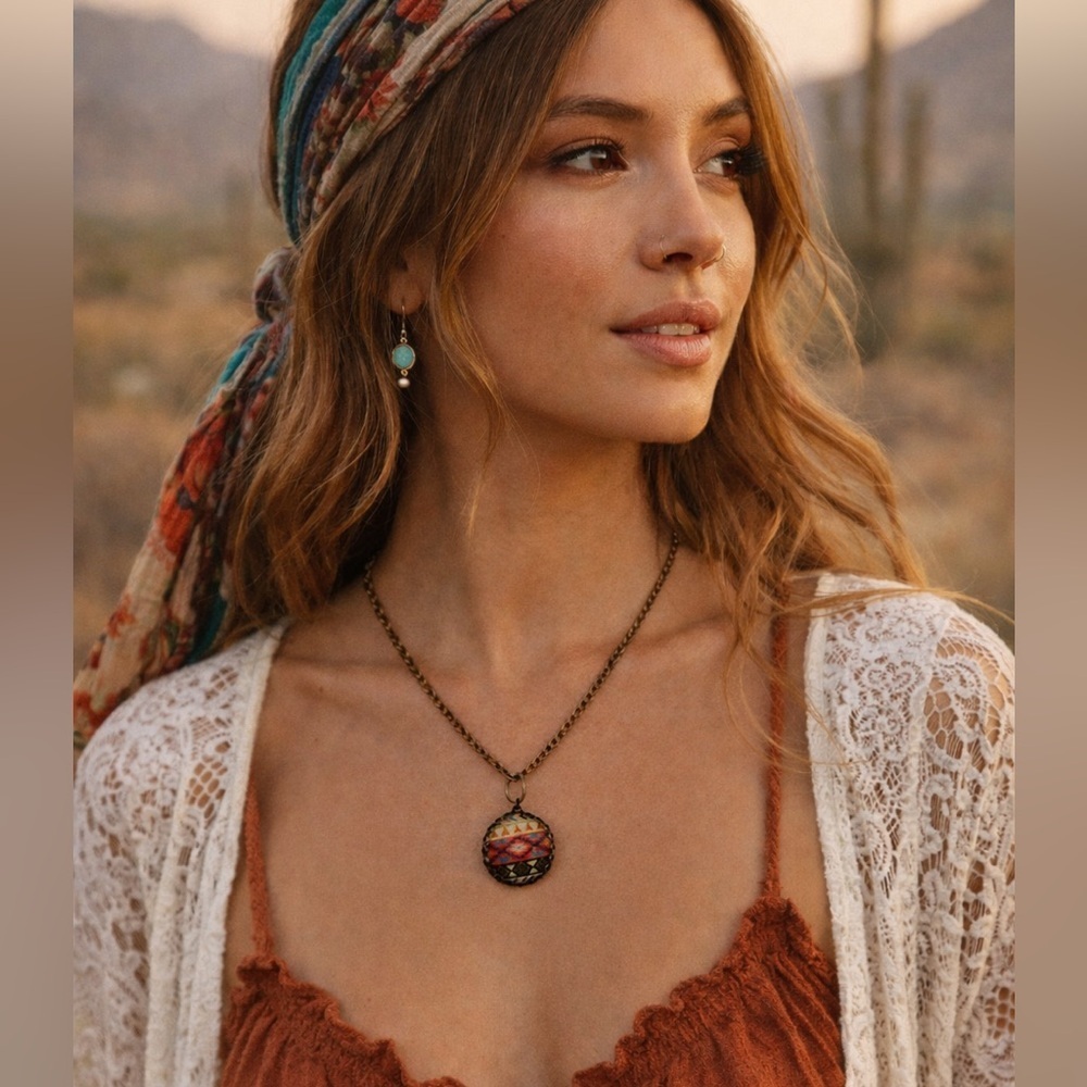Boho Aztec Tribal Pendant Necklace Southwestern Festival Jewelry